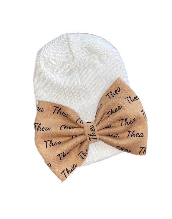 Name Bow Hat or Headband. Ships Within 2 Business Days. Newborn Size Hat. Great Photo Prop.