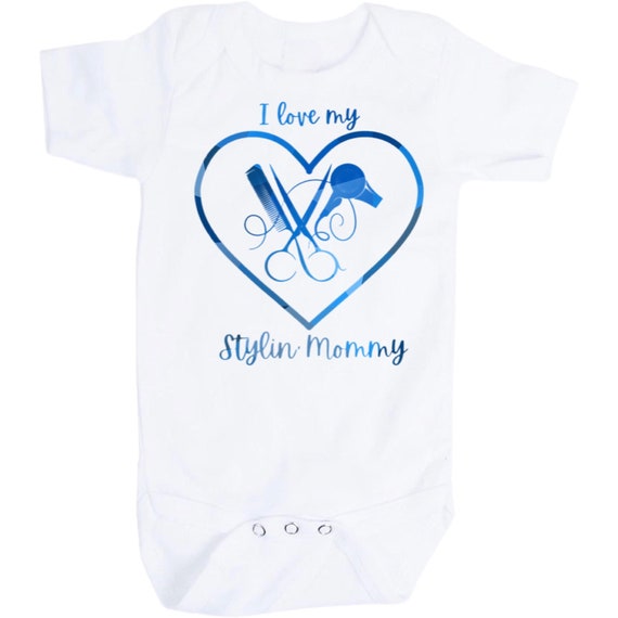 Baby Bodysuit with I Love My Stylin Mom with Scissors, Comb and Blow Dryer. Perfect for Hairdresser Baby. 1st Keepsake!