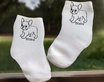 Baby/Toddler/Child Cute French Bulldog Socks with name. Multiple sizes offered. Choose from 0-6 months to 10 years. Cute Gift!
