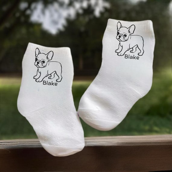Baby/Toddler/Child Cute French Bulldog Socks with name. Multiple sizes offered. Choose from 0-6 months to 10 years. Cute Gift!