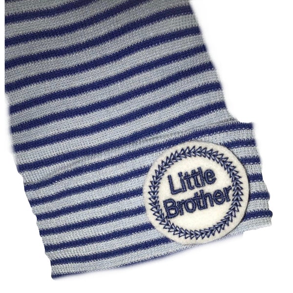 Little Brother Hat Newborn Hospital Hat With Little Brother appliqué. Navy and White Stripe Hat with Navy Little Brother Applique!