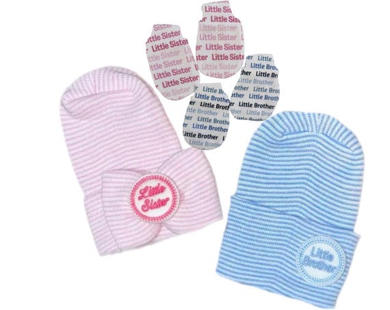 Twins! Newborn Hats and no scratch mittens with Little Brother and Little Sister
