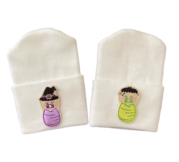 Newborn Hospital Hat with Baby with Pacific. You Choose Purple Swaddle or Green Swaddle Baby on White Hat. Boy OR Girl Beanie. Baby Gift.