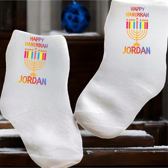 Baby/Child/adult Hanukkah Socks with Menorah. Name option. Choose size from 0-6 months to adult. Cute Gift!