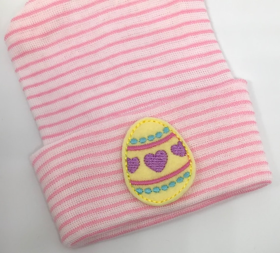 Baby Girl Hat Newborn Hospital Hat Baby Beanie. Pink and White Stripe Hat with Colorful Easter Egg! Makes a Great Gift and Cute Photo Prop!