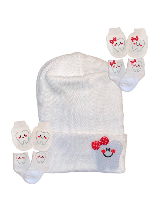 Newborn Hospital Hat. DENTIST Tooth With or without bow on tooth and Option to add Mittens For Girl or Boy! Cute gift for baby of Dentist!