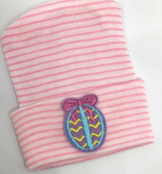 Newborn Hospital Hat Baby Beanie. Pink and White Stripe Hat with Colorful Easter Egg! Cute and Makes a Great Gift and Cute Photo Prop!