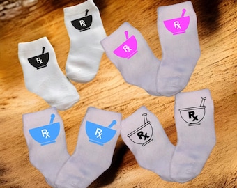 Baby/Toddler/Child RX Pharmaceutical Socks. Multiple sizes offered. Choose from 0-6 months to 10 years. Every Baby Needs. Cute Baby Gift!