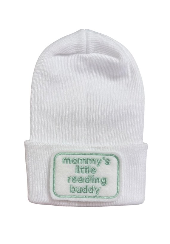 Newborn Hat mommy’s little reading buddy. CHOOSE WoRD and Hat COLOR  1st Keepsake, perfect gift