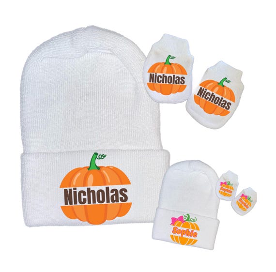 Newborn Hospital Hat Pumpkin with Name. Cute. Option to add Socks & Mitts.Great Gift. Baby's 1st Keepsake. Cute