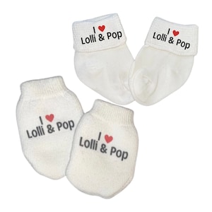 MITTENS & Option to add matching socks. No scratch Mittens I Love Lolli and Pop For Boy or Girl! Perfect Newborn Gift! Every Baby Needs.