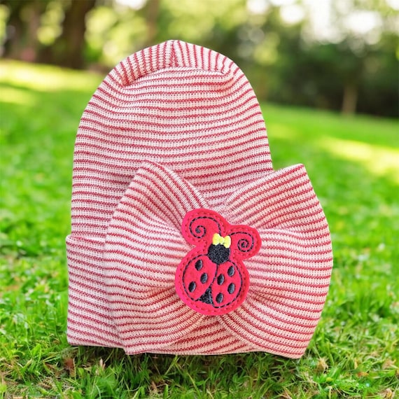 Newborn Hat with A Lady Bug On Bow and Option to add no scratch Mitts .  Baby Newborn Hats. Same Material Bow. Great Gift Lady Bug