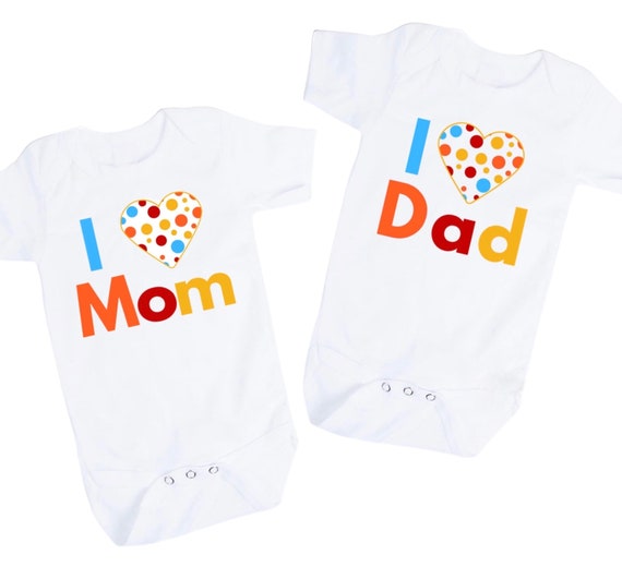 Baby Bodysuits. 2 Size 0-3 Months YOU get Two! I Love Mom. I Love Dad.  GREaT GiFT! 1st Keepsake! Option to Add No Scratch Mitts & Socks