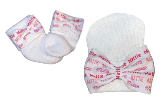 Girls Bow Hat or Headband with NAME! Baby Girl Bow!  Custom Made Fabric Bow. Newborn Hospital Hat. Newborn Hat. Infant Beanie. EXCLUSIVE