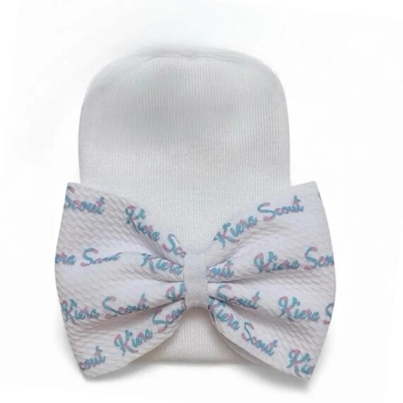 Newborn Bow with Custom Name Or no name option. Bow on options are Newborn Size Hat, Alligator Clip or Nylon Headband.