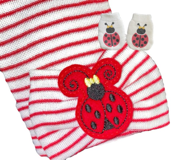 Newborn Hat with A Lady Bug On Bow and Option to add no scratch Mitts .  Baby Newborn Hats. Same Material Bow. Great Gift Lady Bug