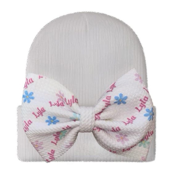 Name Bow Hat,  Headband or Alligator Clip.  Great Photo Prop. Bow with pretty flowers and name.
