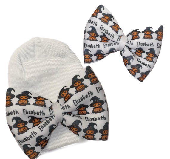 Girls Halloween Fall Bow with NAME on Hat, Headband or Clip! Custom Made Fabric Bow. EXCLUSIVE