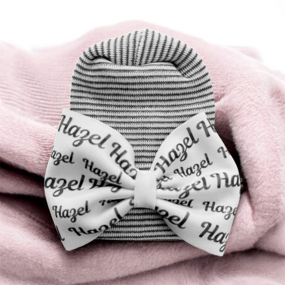 Baby Bow Name Hat. Newborn Size Black and White Stripe Hat. Name in Black.