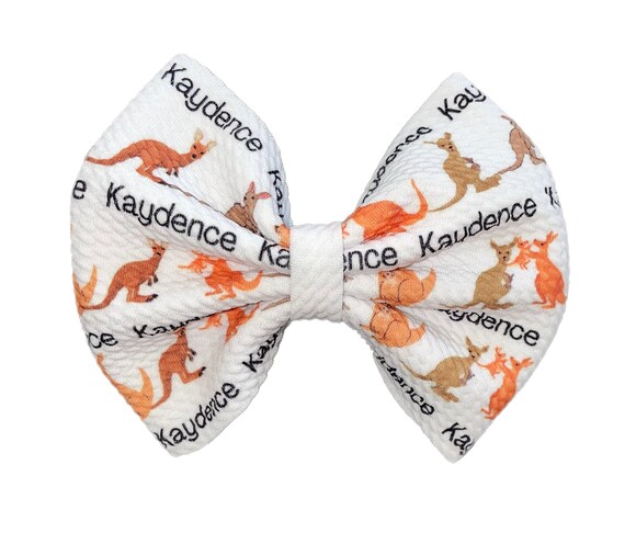 Girls Bow Hat or Headband with Cute Kangaroos & NAME! Baby Girl Bow!  Custom Made Fabric Bow. Newborn Hospital Hat. Newborn Hat.  EXCLUSIVE