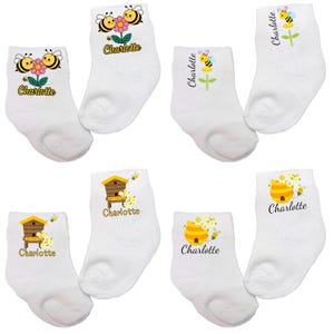 Calzini a forma di ape per neonati/bambini piccoli/bambini piccoli, con o senza nome. Scegli il modello. Disponibili in diverse taglie. Scegli da 0-6 mesi a 10 anni.