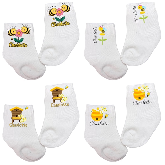 Baby/Toddler/Child Bee Socks with or without Name. Choose Design. Multiple sizes offered. Choose from 0-6 months to 10 years.