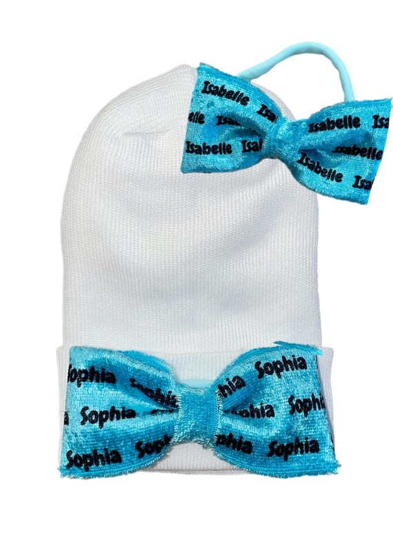 Name Bow Hat,  Headband or Alligator Clip.  Great Photo Prop. Blue Bow with Name in Black.