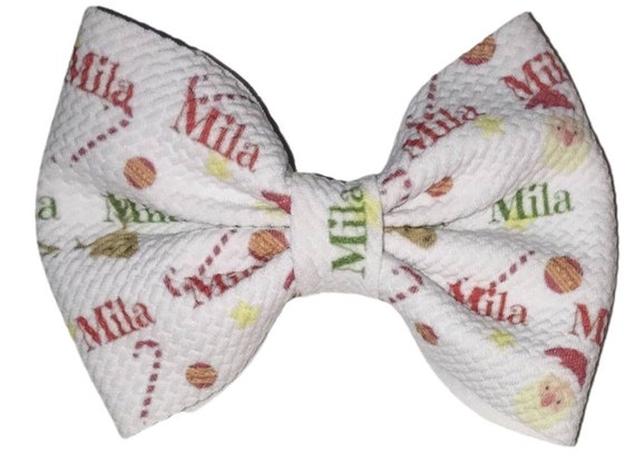 Girls Holiday Christmas Bow with NAME on Hat, Headband or Clip! Custom Made Farbic Bow. EXCLUSIVE