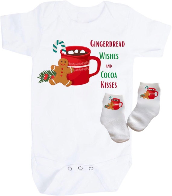Holiday  Bodysuit with Socks. Gingerbread Wishes Cocoa Kisses. Size PREEMIE to 24 Months. EXCLUSIVELY FOUND Here