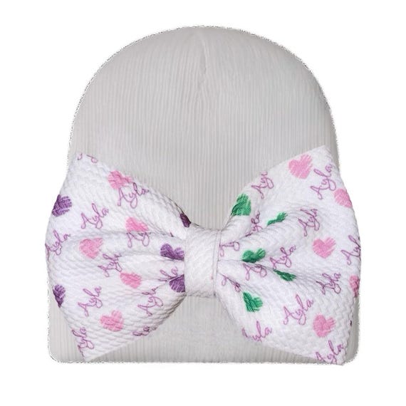 Name Bow Hat,  Headband or Alligator Clip.  Great Photo Prop. Bow with hearts and name.