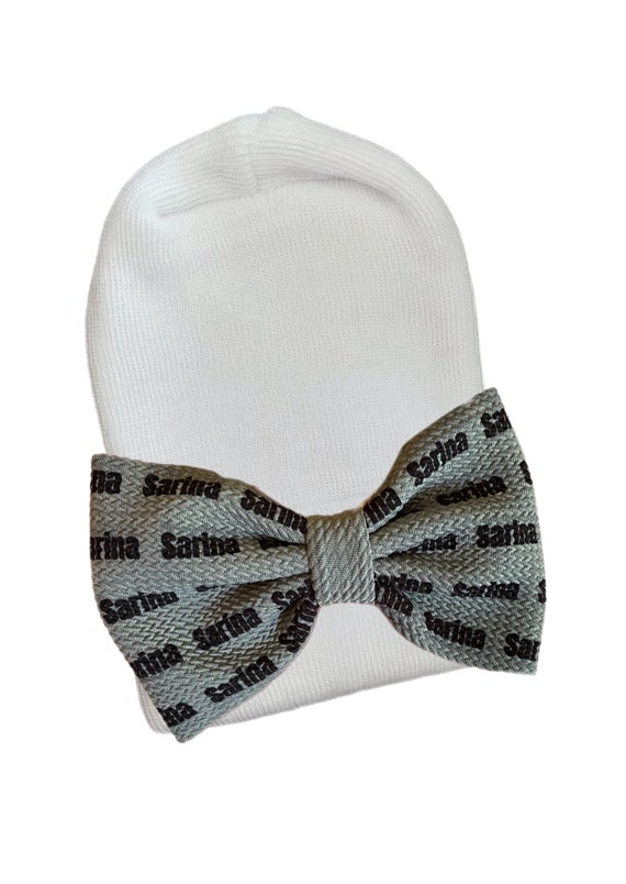 Name Bow Hat or Headband. Ships Within 2 Business Days. Newborn Size Hat. Great Photo Prop.