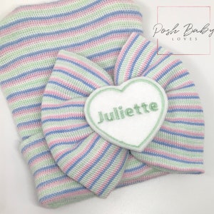 Mint, blue and pink stripe hat with name in mint on white heart