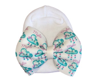 Girls Bow Hat or Headband With Clouds and NAME! Custom Made Fabric Bow. Newborn Hospital Hat. Newborn Hat. Infant Beanie. EXCLUSIVE