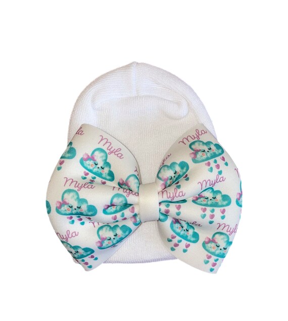 Girls Bow Hat or Headband With Clouds and NAME! Custom Made Fabric Bow. Newborn Hospital Hat. Newborn Hat. Infant Beanie. EXCLUSIVE