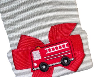 NEWBORN Hospital Hat with Fire truck on Red Bow. New Baby Gift. Baby's 1st Keepsake. Going Home Hat. Fireman's Baby Great Gift.