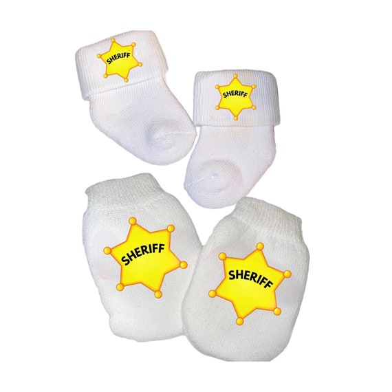 No scratch Mittens With Sheriff and Option to add Socks. Cute Gift or Announcement