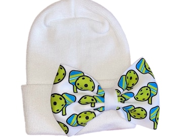 Newborn Hospital Hat with Pickleball Bow on Hat, Nylon Headband or Alligator Clip. You Choose At Checkout