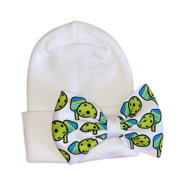 Newborn Hospital Hat with Pickleball Bow on Hat, Nylon Headband or Alligator Clip. You Choose At Checkout