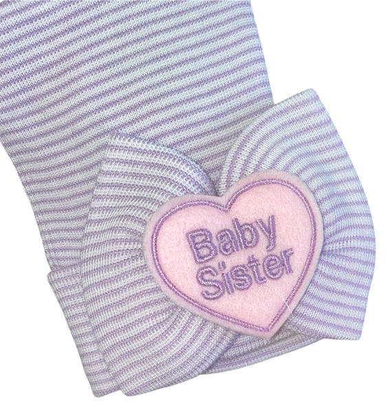 Baby Bow Hat Baby Sister Newborn Hat with Baby Sister In Lavender on Bow Newborn Hospital Beanie.  Baby Newborn Hats.  BABY Sister