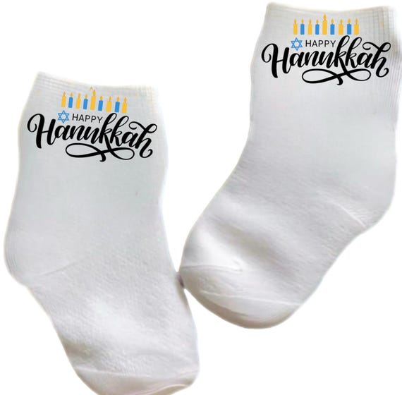 Baby/Toddler/Child Holiday Happy Hanukkah Socks. Choose size from 0-6 months to adult. Cute Gift!