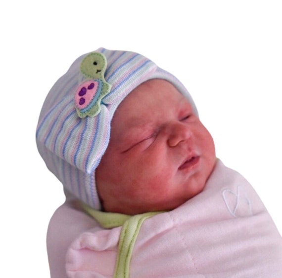 Our Popular Newborn Hat Now with Tesla the Turtle. Newborn Hospital Beanie.  Baby Newborn Hats. Same Material Bow. Cute!