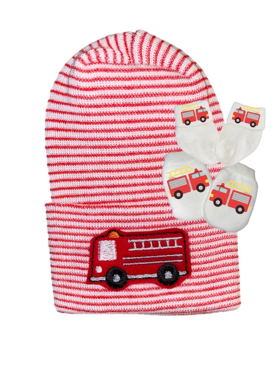 NEWBORN Hospital Hat with Firetruck and Option to Add No Scratch Mittens and Socks with Firetruck on them.  Great Gift.