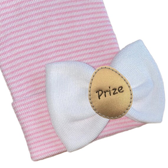 Baby Girl Hat White Bow Beanie With Golden Egg Prize. Hospital Beanie Hat. Perfect 1st Keepsake! Great Baby Gift! Every Baby Needs One!