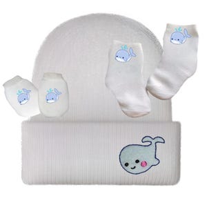 Newborn Hospital Hat. Newborn, Socks and No Scratch Mittens with Whale.  Choice of Hat Color. Great Gift!