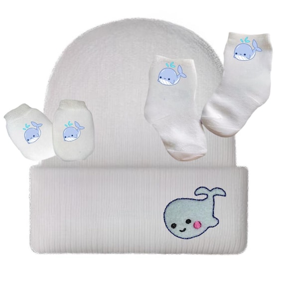 Newborn Hospital Hat. Newborn, Socks and No Scratch Mittens with Whale.  Choice of Hat Color. Great Gift!