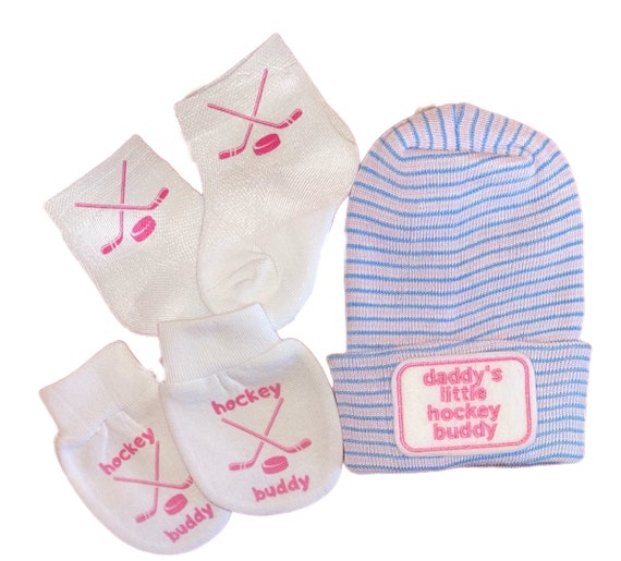 Newborn Hospital Hat daddy's little hockey buddy. 1st Keepsake, Baby Hat. Gender Reveal, Surprise Dad! Coming Home Hat, Cute Baby Gift
