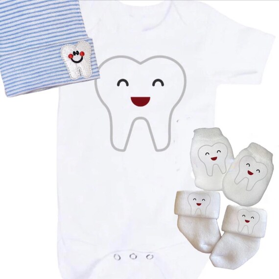 Baby Bodysuit With Tooth and Tooth Newborn Hat with Option to add Mittens and Socks 1st Keepsake! GREaT GiFT!