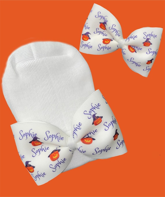 Girls Halloween Fall Bow with NAME on Hat, Headband or Clip! Custom Made Fabric Bow. EXCLUSIVE. Great Gift!!