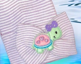 Newborn Hospital Hat Adorable Turtle with Lavender Bow on Her. Newborn Hat Baby's 1st Keepsake! Great Gift!