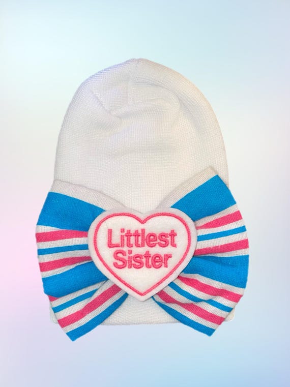 Littlest Sister Bow Hat Newborn Hospital Beanie.  Baby Newborn Hats. Littlest Sister. Great Gift, Gender Reveal, Keepsake